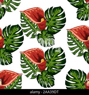 Nahtlose Muster mit tropischen Blättern und callas Lilien Blumen. Dunkle und helle grüne Palmenblättern, nahtlose Muster. Stock Vektor
