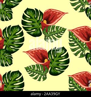 Nahtlose Muster mit tropischen Blättern und callas Lilien Blumen. Dunkle und helle grüne Palmenblättern, nahtlose Muster. Stock Vektor