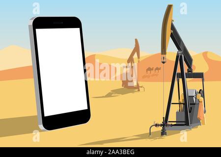 Telefon auf dem Hintergrund der Bohrinseln in der Wüste. Weißer Bildschirm, können Sie hier Ihren Text hinzufügen. Vector Illustration Stock Vektor