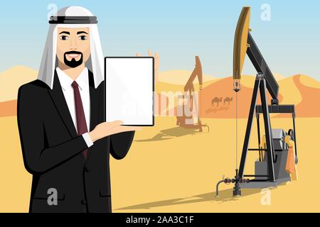 Arabische Mann mit Tablet-PC steht auf dem Hintergrund von Bohrinseln in der Wüste. Weißer Bildschirm, können Sie hier Ihren Text hinzufügen. Vector Illustration Stock Vektor