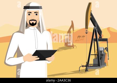 Arabische Mann mit Tablet-PC steht auf dem Hintergrund von Bohrinseln in der Wüste. Vector Illustration Stock Vektor