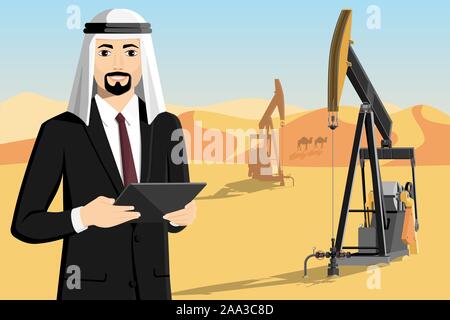 Arabische Mann mit Tablet-PC steht auf dem Hintergrund von Bohrinseln in der Wüste. Vector Illustration Stock Vektor