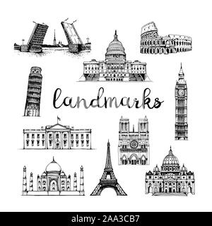 Vektor Wahrzeichen Vektor einrichten. Hand gezeichnet Sammlung von Sehenswürdigkeiten auf weißem Hintergrund Stock Vektor