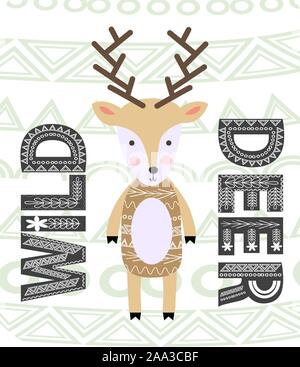 Cute cartoon Hirsche. Komposition mit Volkskunst Tiere und floralen Elementen dekoriert. Im skandinavischen Stil Stock Vektor
