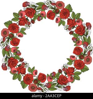 Hand gezeichnet Doodle rustikales Blumen Kranz. Boho Hochzeit Dekoration. Auf weissem Hintergrund. Vektor illustration Stock Vektor