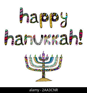 Die bunten Aufschrift Happy Chanukka. Chanukia auf Briefen. Hand zeichnen, Doodle. Abbildung auf isolierte Hintergrund. Stockfoto