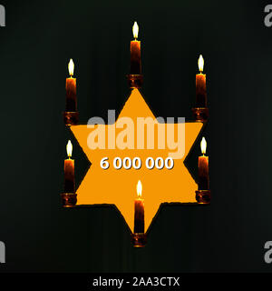Welt Holocaust Tag. Yom azikaron in Hebräisch Memorial Day. Tag des Gedenkens. Gelber Stern mit Kerzen. Abbildung Stockfoto