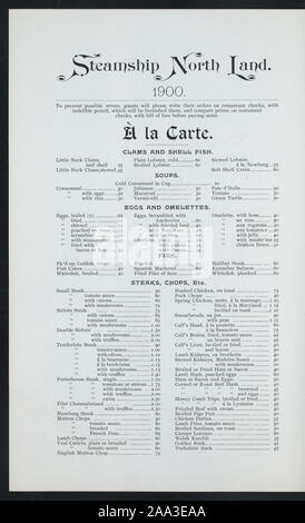 ILLUS, Zeichnung von DAMPFGARER STELLEN INNERHALB DES RAHMENS;;;;;;;; A-la-carte [von] nördlichen Steamship Company/GREAT NORTHERN RY LINE statt. [At] an Bord der SS NORTH LAND (SS;) Stockfoto