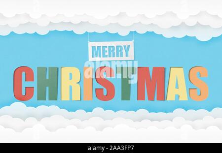 Frohe Weihnachten text Kalligraphie mit Wolken und Himmel in Papier schneiden Stil. Stock Vektor
