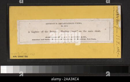 Mit einer Hand - farbige Anzeigen. Robert Dennis Sammlung von stereoskopische Ansichten. Einige Ansichten haben steuerstempel angebracht. Titel von Cataloger'. Blick auf den Hafen von New York: Fähren, Segelschiffe, Piers und Kaianlagen, Dampfschiffe, einschließlich der Vorsehung und mit Blick auf den Innenbereich, schwebenden Getreidesilos, Lastkähne, Werften, Männer aus dem französischen Mann-von-Krieg Landung in einem dory an der Batterie, die US Barge Office und den Versand news Büro des New York Herald, der Fuß der Whitehall Street, Soldaten auf einen italienischen Mann-von-Krieg mit Bajonetten, Fort Lafayette, Governors Island.; ein leichter der Batterie. Stockfoto