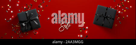 Schwarzer Freitag Verkauf. Schwarzer Freitag horizontale Banner. Geschenkboxen über den roten Hintergrund. Stockfoto