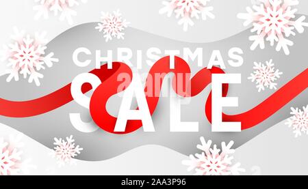 Weihnachten Verkauf Banner mit 3d-weiße Schneeflocken, Flüssigkeit Flüssigkeit Wellen auf grauem Hintergrund mit kopieren. Horizontale Weihnachten Poster, Grußkarten, Schneidwerk, Stock Vektor