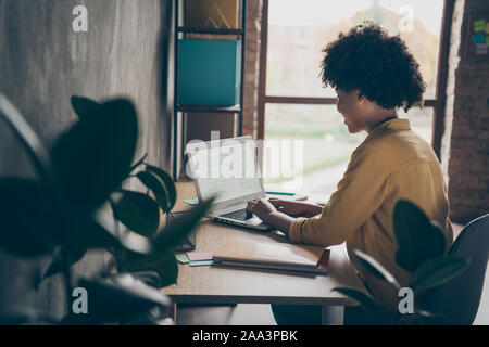 Profil Seite hinten Wirbelsäule anzeigen Foto von Cool smart Afro American Girl Promoter sitzen Tabelle Laptop arbeiten mit Fonds charts Suche Start-up Nachrichten in Stockfoto