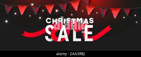 Mary Christmas Sale Banner oder Hintergrund mit glänzenden goldenen Kranz und Sterne mit glitter Textur auf einem dunklen Hintergrund. Stock Vektor