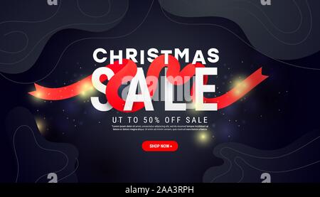 Mary Christmas Sale Banner oder Hintergrund mit glänzenden goldenen Girlanden, Flüssigkeit Wellen mit Glitzer Textur auf einem dunklen Hintergrund mit kopieren. Winter Holi Stock Vektor