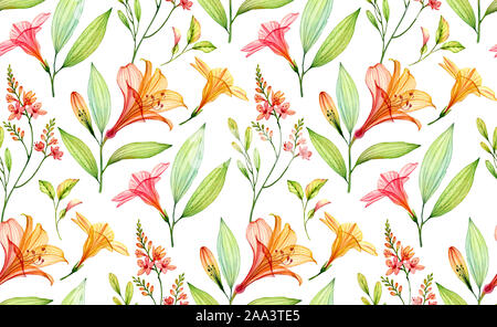 Aquarell nahtlose tropische Muster. Transparente Lily, freesie, Hibiskus Blumen und Blätter. Botanische Illustration für Hochzeit Design, Tapeten Stockfoto