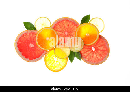 Hinterleuchtete Scheiben von Grapefruit und Zitrone auf weißem Hintergrund Stockfoto