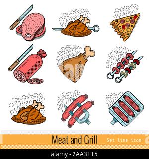 Einstellen der Farbe Umrisse Web Icon. Fleisch Grill BBQ Stock Vektor