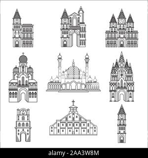 Der unterschiedliche Stil religon und Architektur Kirchen. Vektor Zeile für Symbole Stock Vektor