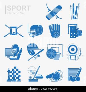 Satz mit flachen Design sport Symbol mit isolierten blaue Silhouette sport Inventar, Ausrüstung Stock Vektor