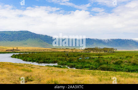 Panorama der Ngorongoro Krater Nationalpark mit dem Lake Magadi. Safari Touren in der Savanne von Afrika. Wunderschöne Landschaft in Tansania, Afrika Stockfoto