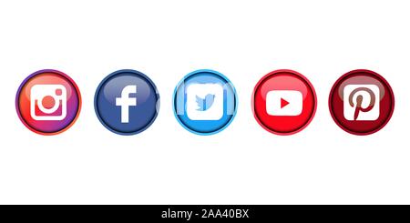 Istanbul, Türkei - 19. November 2019: Sammlung von beliebten Social Media Kreis Symbole auf weißem Hintergrund gedruckt: Facebook, Instagram, Twitter, Youtu Stock Vektor