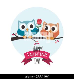 Valentine Eulen in der Liebe. Eine Blume. Vector Illustration Stock Vektor