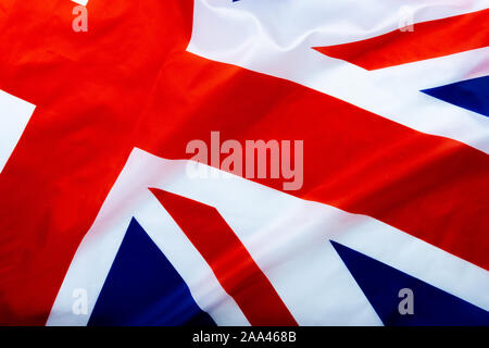 Flagge von Großbritannien, Britische Flagge, aus der Nähe. Ansicht von oben, kopieren Platz für Text. Stockfoto