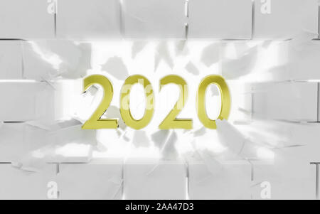 Neues Jahr 2020 Konzept mit Zahlen Zerkleinerung durch eine Mauer Explosion 3d-render Abbildung Stockfoto