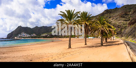 Golden Sand, Palmen, Meer und Berge, Playa de Las Teresitas, Teneriffa, Spanien. Stockfoto