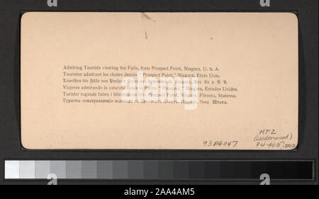 Geschenk von Frau George R. Collins, 1993. Titel von Booklet. Broschüre enthält Karten. Ansichten sind nummeriert: 1-18. Blick auf Amerikanische, Luna und Horseshoe Falls, Mädchen des Nebels, Brücken, Touristen und Guides, und Dixon Überfahrt auf einer Gratwanderung.; bewundern Touristen anzeigen Der fällt, von Prospect Point, Niagara, USA. Stockfoto