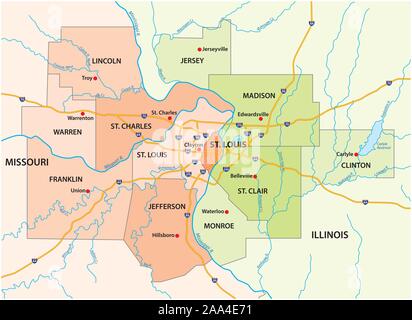 Karte der Greater st. louis Bereich in Illinois und Missouri, USA Stock Vektor