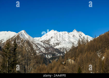 Der Frühling langsam zu den hohen Alpen kommen. Pisten sind teilweise mit Schnee bedeckt. Gras wird getrocknet und farblos. Bäume sind golden. Es ist ein wenig Nebel im Stockfoto