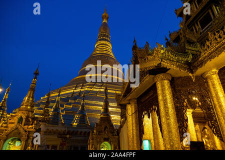 Shwedagon Pagode und seine zahlreichen Kapellen gebadet in Blattgold in Yangon, Myanmar (Burma) vor dem Hintergrund eines dunklen klaren Nachthimmel Stockfoto