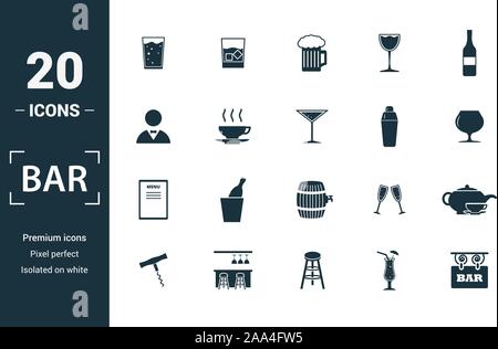 Bar - Restorant Icon Set. Kreative Elemente, Bier, Barkeeper, Shaker, Menü Symbole enthalten. Kann für Bericht, Präsentation, Diagramm verwendet werden, Web Stock Vektor