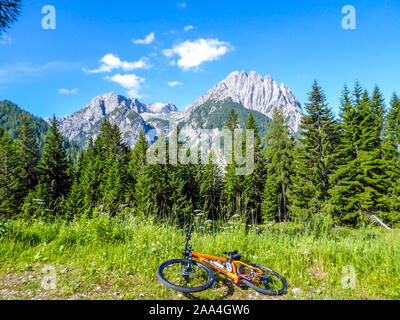 Hochalpine Mountainbike. Das Fahrrad ist auf dem Boden liegend, neben einem kleinen geschotterten Weg. Auf der Rückseite gibt es hohen Lienzer Dolomiten. Pinien Stockfoto