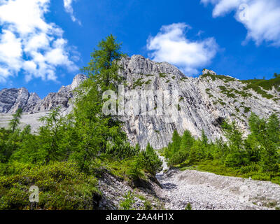 Ein Blick auf die massiven, scharfe Stony Mountain Range der Lienzer Dolomiten, Österreich. Die Berge sind teilweise mit grünen Büschen überwachsen. Gefährlich Stockfoto