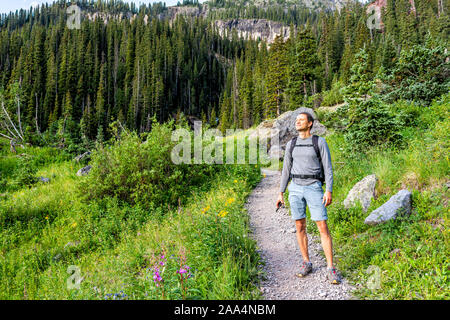 Mann Wanderer mit Rucksack auf der grünen Wiese von Pink alpine Rocky fireweed Wildblumen auf dem Weg zu Ice Lake in der Nähe von Silverton, Colorado im August 201 Stockfoto