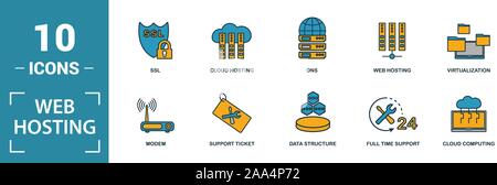 Web Hosting Icon Set. Kreative Elemente Daten Struktur gehören, Cloud Technologie, SSD, Zugriff auf die Datei, Modem Symbole. Kann für den Bericht verwendet, Präsentation. Stock Vektor