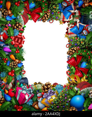 Weihnachten Rahmen Dekoration Grenze Banner mit Vintage dekorative Wintersaison Ornamente und Kiefer Niederlassungen als eine festliche Begrüßung. Stockfoto