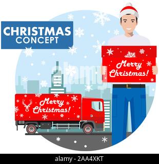 Weihnachten und neues Jahr. Ausführliche Darstellung der jungen Unternehmer in der Weihnachtsmann hat halten Sie die Box in den Händen auf den Hintergrund mit Stock Vektor