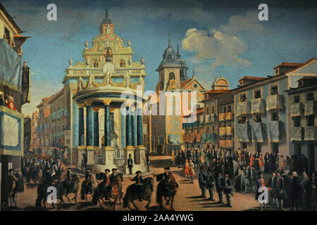 Verschönerung des Puerta del Sol anlässlich der Eintragung in Madrid von Charles III., 1760. Zu Lorenzo de Quiros (1717-1789) zugeschrieben. History Museum. Madrid. Spanien. (Auf Kredit, San Fernando Königliche Akademie der Schönen Künste, Madrid). Stockfoto