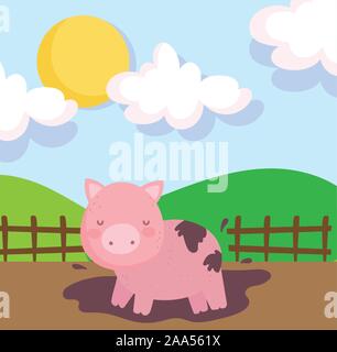 Piggy im Schlamm Holzzaun sky Nutztiere Vector Illustration Stock Vektor