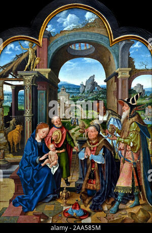 Triptychon mit der Anbetung der Heiligen Drei Könige (3 Panels) 1520 von Joos van Cleve (1485-1541), deutsch, Deutschland, Belgien, Belgien, Flämische. Stockfoto