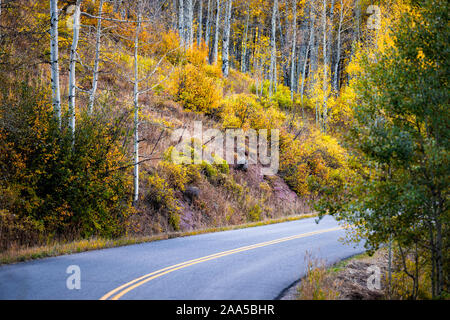 Colorado Rocky Mountains Autoreise mit Laub im Herbst auf Bäume auf Castle Creek malerische Straße mit bunten gelb orange Blätter Stockfoto