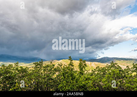 Aspen, Colorado Rocky Mountains sky Weitwinkelansicht blau skyscape und Gewitterwolken im Vordergrund der grünen Pflanzen in Brüllengabel-senke Stockfoto