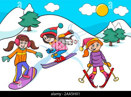 Cartoon Illustrationen von Snowboarden und Skifahren Mädchen Zeichen auf Winterzeit Stock Vektor