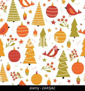 Weihnachten Vögel Ornamente und Bäume nahtlose Vektor Muster. Winterurlaub wiederholen Hintergrund für Gewebe, Kinder Einrichtung, Geschenkverpackung Stock Vektor