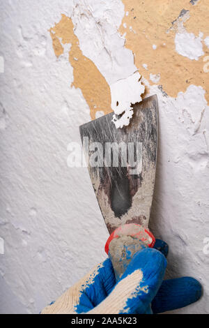 Entfernen alter Farbe von der Wand mit einem Metallspachtel. Kleine Malerarbeiten zu Hause. Hellen Hintergrund. Stockfoto