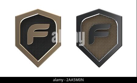 Buchstabe F, Metallschild Logo mit Gitter. Stockfoto